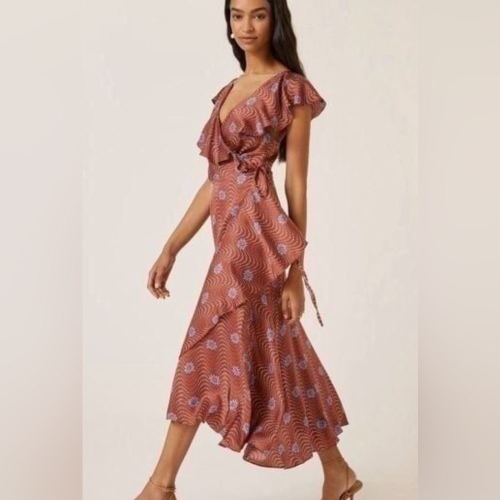 Anthropologie Rust Floral Wrap Maxi Dress with Lavender Accents